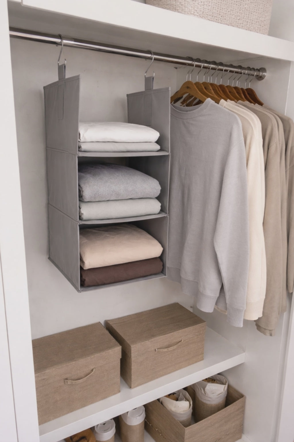 Reinforced shelf hanging closet organizer for men's closet
